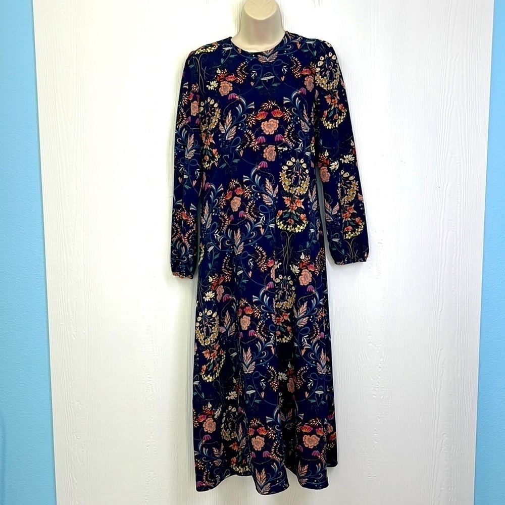 I.Madeline - Navy Garden Splendor Floral Midi Long Sleeve Dress Size Medium